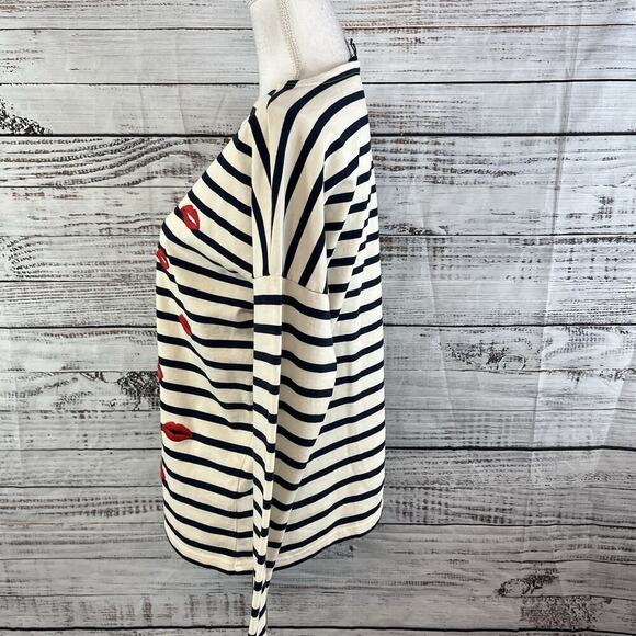 J. Crew Top Pullover sz Small Ivory Navy Blue Striped Lip Stick Lips Embroidery - Picture 5 of 7
